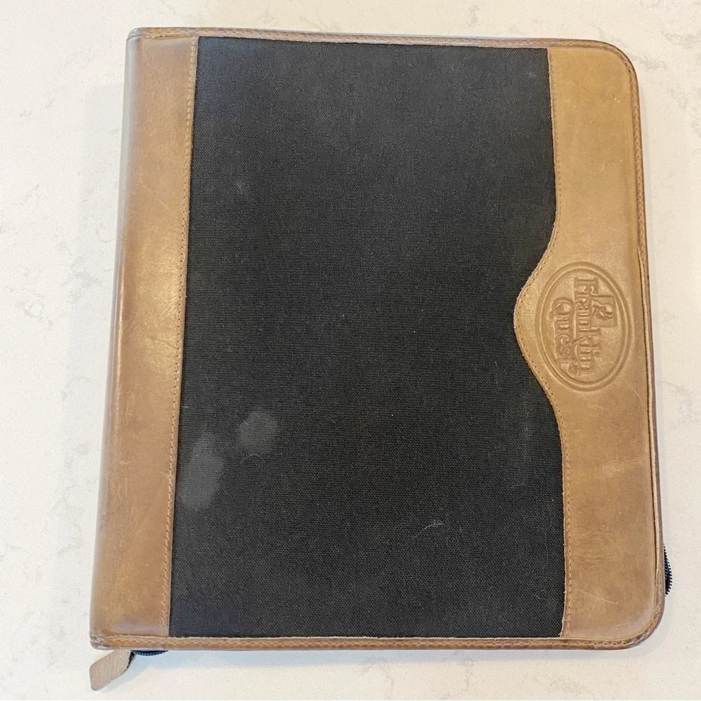 Franklin Quest Vintage Zip Planner Green Line Leather Trim & Canvas Zip Inserts